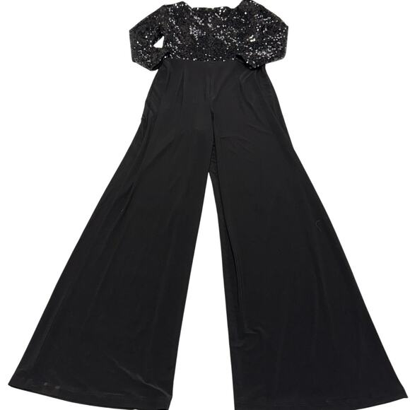 Adrianna Papell Jumpsuit Womens 2 Black Sequined Wide Leg V Neck Holiday Party - Picture 3 of 11